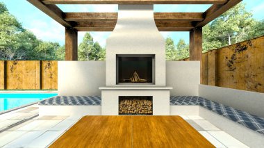 Evin yüzme havuzlu 3D görüntüsü