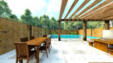 Evin yüzme havuzlu 3D görüntüsü