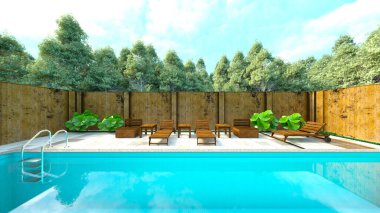 Evin yüzme havuzlu 3D görüntüsü