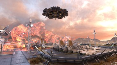 Uzay şehrinin füze saldırısı altında 3D görüntülenmesi