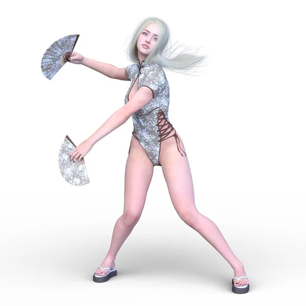 带扇子舞女的3D渲染 — 图库照片