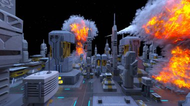 Uzay şehrinin füze saldırısı altında 3D görüntülenmesi