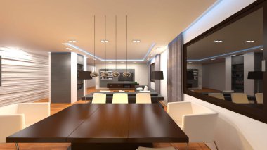 Oturma odası ve yemek odasının 3 boyutlu canlandırması