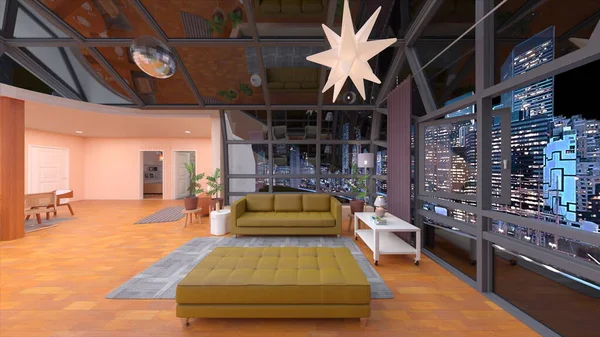 玻璃墙顶层公寓的3D渲染 — 图库照片