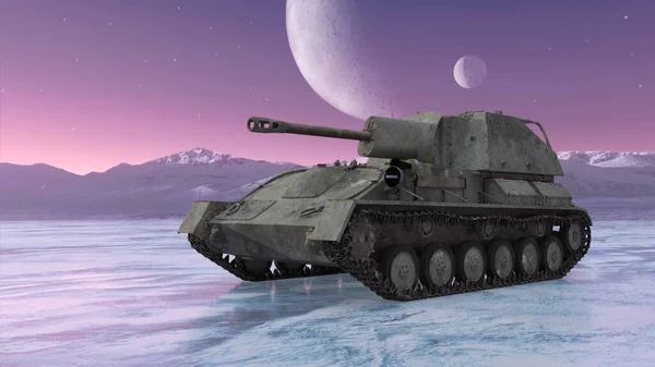 在冰场上三维渲染坦克 — 图库照片