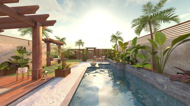 Evin yüzme havuzlu 3D görüntüsü