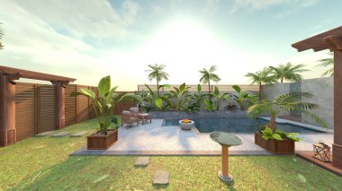 Evin yüzme havuzlu 3D görüntüsü