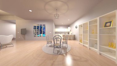 Oturma odasının gece görüşlü 3D görüntüsü