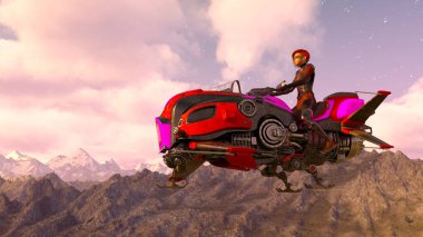 3D rendering of a cyber woman riding spacecraft