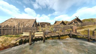Dağlardaki köyün 3D görüntüsü