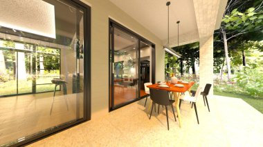 Büyük pencereli oturma odasının 3B görüntüsü