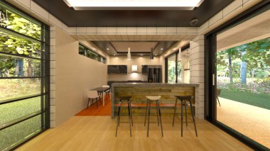 Büyük pencereli oturma odasının 3B görüntüsü