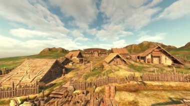 Dağlardaki köyün 3D görüntüsü