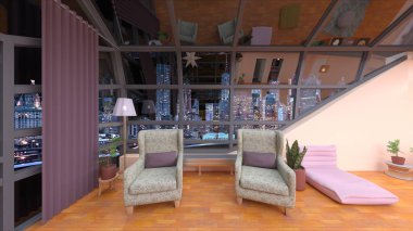 Oturma odasının gece görüşlü 3D görüntüsü