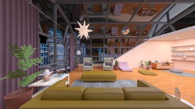 Oturma odasının gece görüşlü 3D görüntüsü