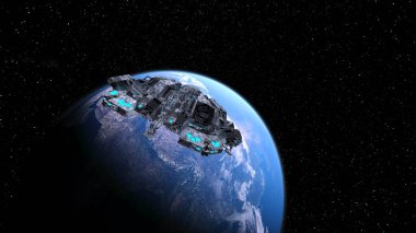 3D rendering of a spaceship and the Earth