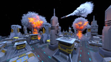 Uzay şehrinin füze saldırısı altında 3D görüntülenmesi