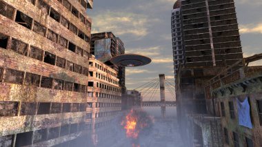 UFO 'nun saldırısına uğrayan şehirlerin 3D görüntülenmesi.