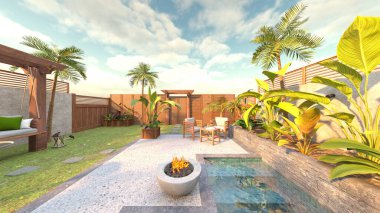 Evin yüzme havuzlu 3D görüntüsü