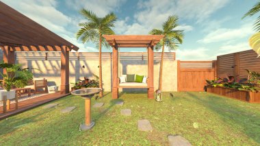 Evin yüzme havuzlu 3D görüntüsü