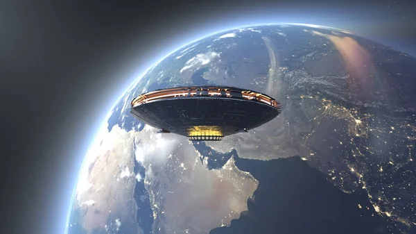 Återgivning Jorden Och Ufo — Stockfoto