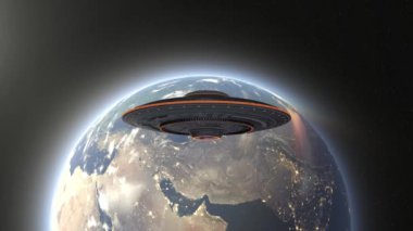 Dünya ve UFO 'nun 3D canlandırması.