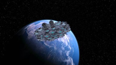 Dünya ve UFO 'nun 3D canlandırması.