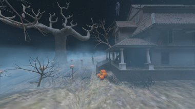 3D rendering of the house decorated for Halloween