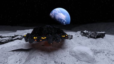 Dünya ve UFO 'nun 3D canlandırması.