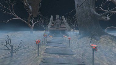 3D rendering of the house decorated for Halloween