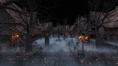 Ürkütücü köyün ahşap üçgen çatılı 3D görüntüsü.