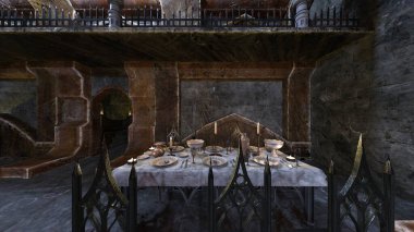 Bodrumdaki yemek odasının 3 boyutlu görüntüsü.