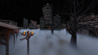 Ürkütücü köyün ahşap üçgen çatılı 3D görüntüsü.