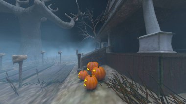 3D rendering of the house decorated for Halloween