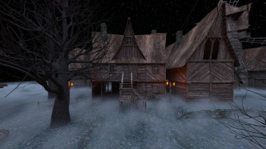 Ürkütücü köyün ahşap üçgen çatılı 3D görüntüsü.