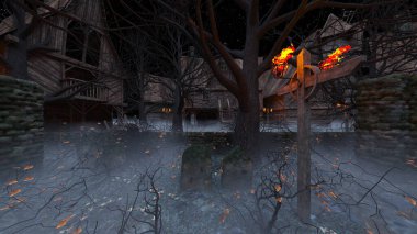 Ürkütücü köyün ahşap üçgen çatılı 3D görüntüsü.