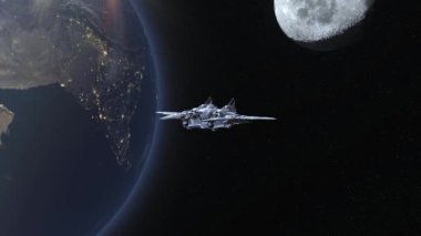 3D rendering of a spaceship and the Earth