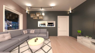 Oturma odasının gece görüşlü 3D görüntüsü