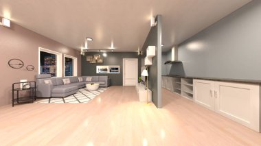 Oturma odasının gece görüşlü 3D görüntüsü