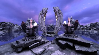 Kale girişinin 3D yansıması denizde yüzüyor.