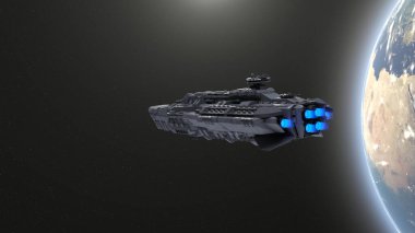 3D rendering of a spaceship and the Earth