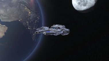 3D rendering of a spaceship and the Earth