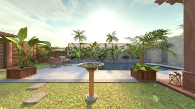 Evin yüzme havuzlu 3D görüntüsü