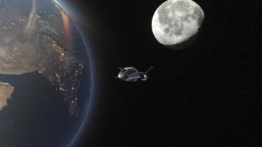 3D rendering of a spaceship and the Earth