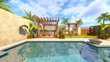 Evin yüzme havuzlu 3D görüntüsü