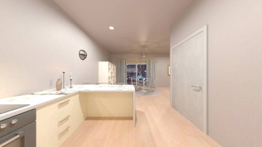 Yemek odasının gece görüşlü 3D görüntüsü.