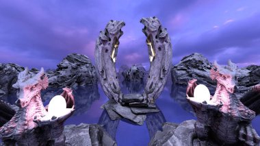 Kale girişinin 3D yansıması denizde yüzüyor.