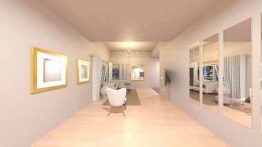 Oturma odasının gece görüşlü 3D görüntüsü