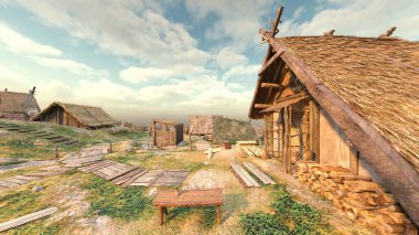 Dağlardaki köyün 3D görüntüsü