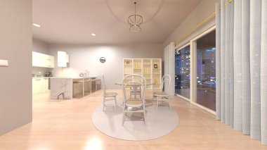 Oturma odasının gece görüşlü 3D görüntüsü